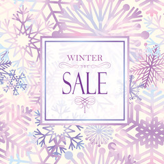 Winter shopping sale banner with lettering. Snow frame background. Holiday sale with snowflakes over white background