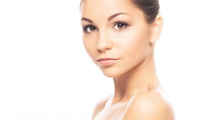 Fototapeta premium Human face isolated on white background. Spa portrait of beautiful, fresh and healthy woman.