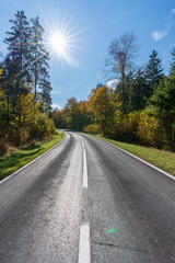 Landstraße im herbstlichen Wald