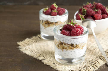 Natural yogurt with Chia seeds and raspberries.
