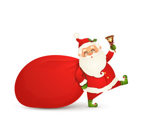 Santa Claus is coming. Santa Claus with huge, red, heavy bag with presents, gift boxes, jingle bell isolated. Happy Santa Claus cartoon character for winter, new year holidays, christmas posters.