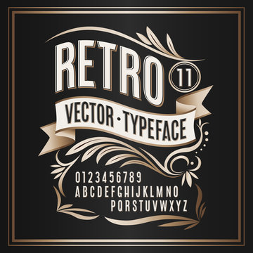 Vector vintage typeface. Retro golden badge on dark background