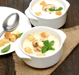 champignon soup with crackers on wooden background