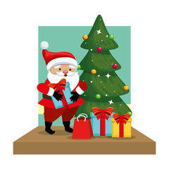 cute santa claus with tree and gifts