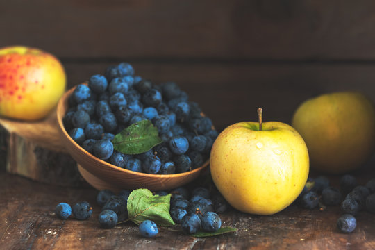 Autumn harvest blue sloe berries and apples on a wooden table background. Copy space. Dark rustic style. Natural remedy