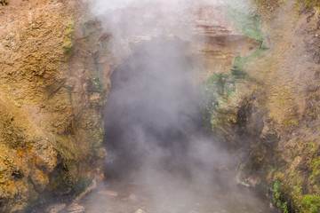 Fototapeta na wymiar Yellowstone national park landscape. Geothermal activity, hot thermal springs with boiling water and fumes at Yellowstone National Park, USA
