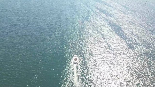 Aerial of following motor yacht on Oslo fjord, Norway