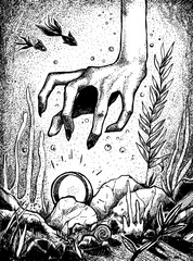 "Lord of the rings" original illustration with Gollum hand reaching for the ring under the water.
