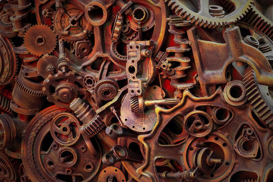 Steampunk background, machine parts, large gears and chains from machines and tractors.