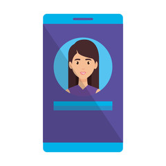 young woman character in smartphone