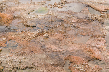 Yellowstone national park landscape. Geothermal activity, hot thermal springs with boiling water and fumes at Yellowstone National Park, USA