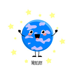 Cute Mercury  planet  kawaii characters vector illustration isol