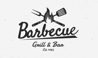 Barbecue restaurant - vintage logo concept. Logo of Barbecue, Grill and Bar with fire, grill fork and spatula. BBQ logo template. Grunge texture. Vector illustration - obrazy, fototapety, plakaty