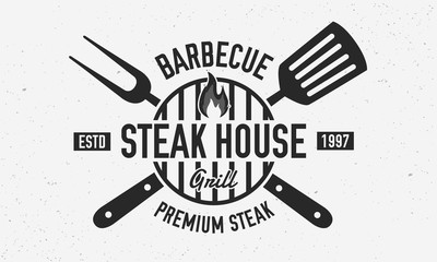 Steak House, barbecue restaurant logo, poster. BBQ trendy logo with barbecue grill , spatula and grill fork. Vector emblem template. - obrazy, fototapety, plakaty
