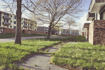 Abandoned apartment buildings in a vacant community before demolition