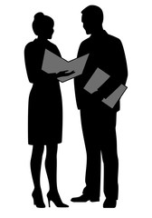 Business people communication icon. Businessman standing beside secretary reads the document. Business colleagues discussing about work at office. Vector illustration.