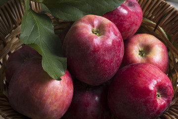 Autumn red apples in a wicker basket with a sprig of greenery, harvesting. Top view close-up.