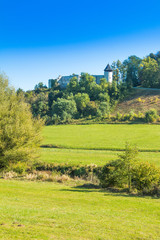      Croatia, countryside landscape, river Dobra and old fortress in Novigrad, Karlovac county 