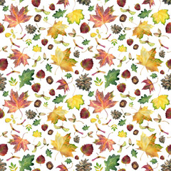 Obraz premium Watercolor pattern with autumn leaves, fir cone and acorn