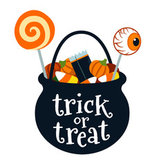 Halloween trick or treat black cauldron bucket full of candy vector cartoon illustration isolated on white. Lollipops, candy corn, candy pumpkins. Fall Halloween treats for children design element. - obrazy, fototapety, plakaty