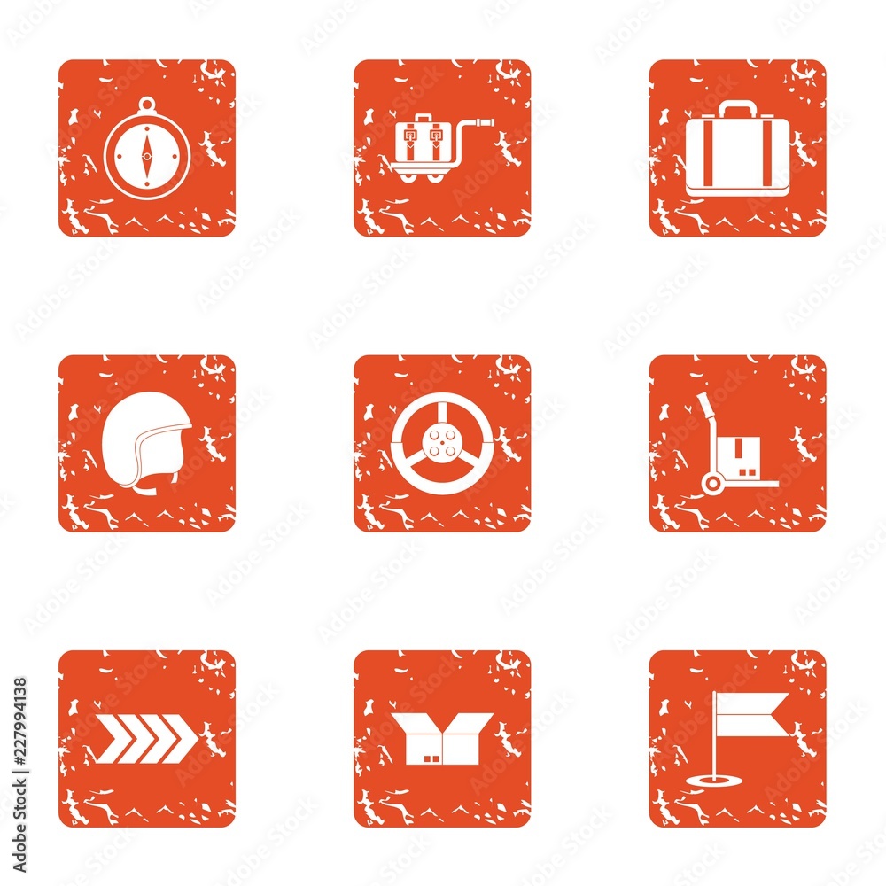 Poster touristic part icons set. grunge set of 9 touristic part vector icons for web isolated on white back