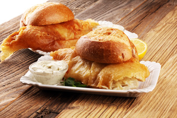 traditional British fish and bread bun consisting of fried fish and mayonnaise