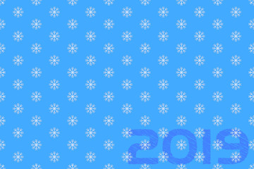 White snowflakes on a blue background. Text 2019 new year. Vector image. Texture.