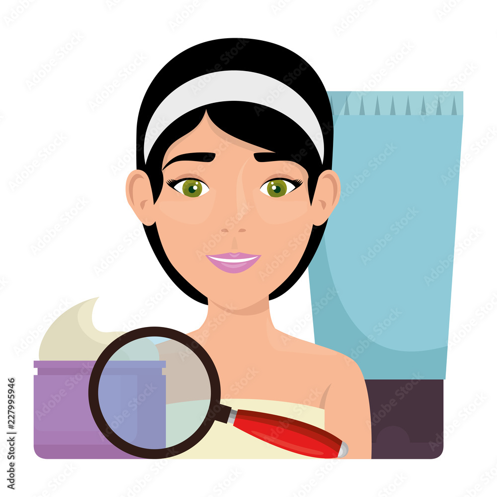 Poster woman in towel with facial treatment products