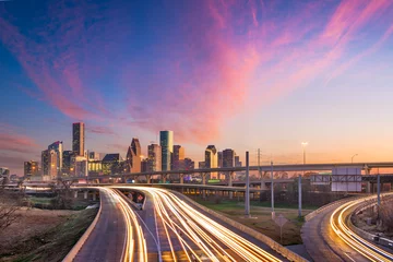 Lichtdoorlatende gordijnen Snelweg bij nacht Skyline van Houston, Texas, VS