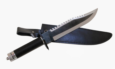 large hunting knife with rope handle and serrated face.