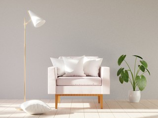 Blank white soft square pillow on a modern armchair. 3D render.