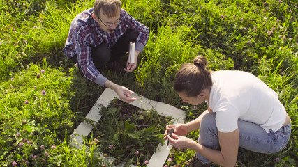 Top view. Two ecologist examining plants on the meadow. Field work