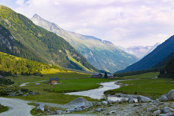 High mountain alpine valley at summer.  Krimmler Tauernhaus. Austria.
