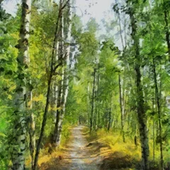 Handzeichnung Aquarellkunst auf Leinwand. Künstlerischer Großdruck. Ursprüngliche moderne Malerei. Acryl trockener Pinselhintergrund. Schöne grüne Waldlandschaft des Sommers. Wilde Natur. Aussicht auf das Paradies. Blauer heller Himmel © Pavel