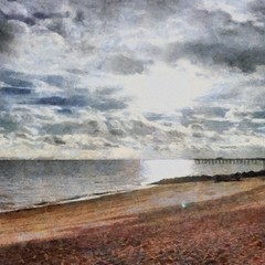 Hand drawing watercolor art on canvas. Artistic big print. Original modern painting. Acrylic dry brush background. Beautiful sea beach landscape. Tropical resort. Paradise view. Blue bright sky clouds