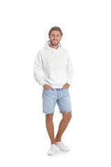 Full length portrait of man in hoodie sweater on white background. Space for design