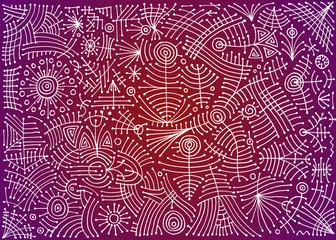 Abstract geometric futuristic and fantastic background. White lines on bright purple and red backing. Author's graphics.