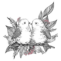 Hand Drawn cute birds, flowers and leaves. Vector illustration.