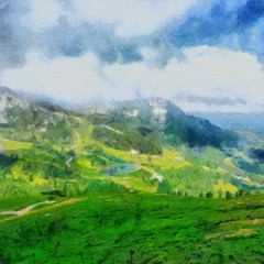 Hand drawing watercolor art on canvas. Artistic big print. Original modern painting. Acrylic dry brush background. Beautiful mountain landscape. Wild nature. Paradise view. Blue bright sky clouds