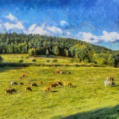 Fototapeta premium Hand drawing watercolor art on canvas. Artistic big print. Original modern painting. Acrylic dry brush background. Beautiful mountain landscape. Wild nature. Cows on green hill. Blue bright sky clouds