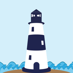 Blue and white lighthouse building on light blue background