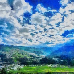 Hand drawing watercolor art on canvas. Artistic big print. Original modern painting. Acrylic dry brush background. Beautiful  mountain landscape. Wild nature. Paradise view. Blue bright sky clouds