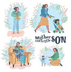 Creative set showing of a mom and son scenes.