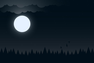 Night background with moon, clouds and dark forest