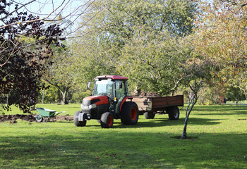 Tractor and barrow for working in the garden. Garden transport. Wheelbarrow to work in the garden. Working in the garden. Cleaning of the garden in the autumn.