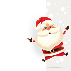 Santa Claus jumping and showing retro blank signboard isolated on a grey background,Christmas greeting card