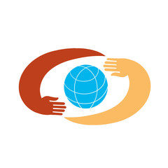 Hands with earth, people of the world holding the globe, flat vector sticker, poster, etc.