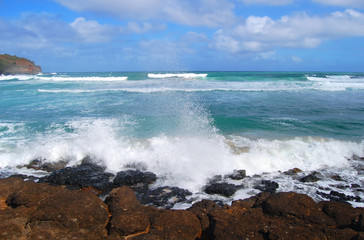 Kauai Hawaii Shoreline with Splashing Wave