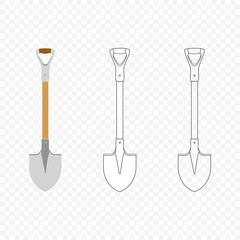 Shovel, spade, icon on isolated transparent background. Garden equipment. Spring, summer work. Farm tools for digging holes. Vector flat design.