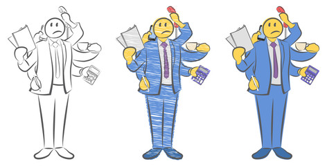 Guy with six hands holding objects. Worker with multitasking and multi skill. Not enough hands. Can not get in time. Super businessman concept. Man needs vacation. Doodle vector illustration.